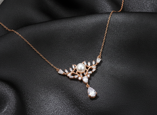 Elegant Pearl Crown Pendant Necklace in Rose Gold