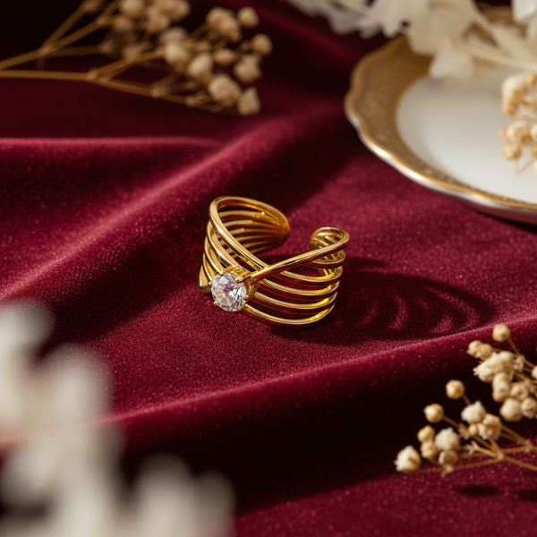 Elegant Anti-Tarnish Multi-Layer Gold Ring with CZ Stone
