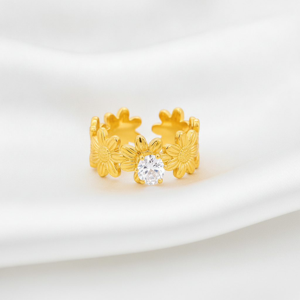 Designer Adjustable Flower Ring with CZ Stone