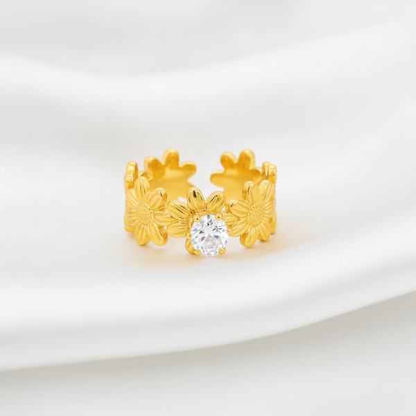 Designer Adjustable Flower Ring with CZ Stone