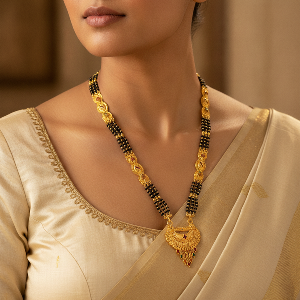 Traditional Mangalsutra Necklace with Red & Green Stone Pendant