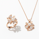 Elegant Rose Gold Pinwheel Pearl & CZ Pendant Necklace with Matching Ring Combo Set for Women