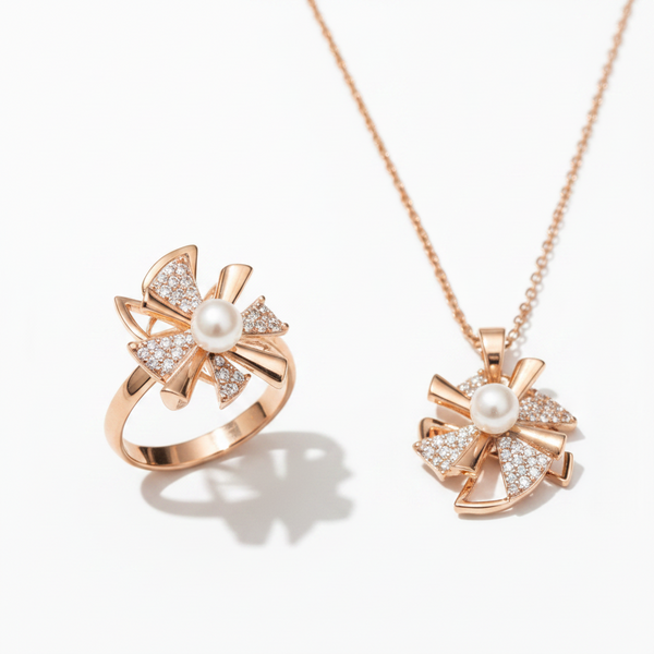 Elegant Rose Gold Pinwheel Pearl & CZ Pendant Necklace with Matching Ring Combo Set for Women