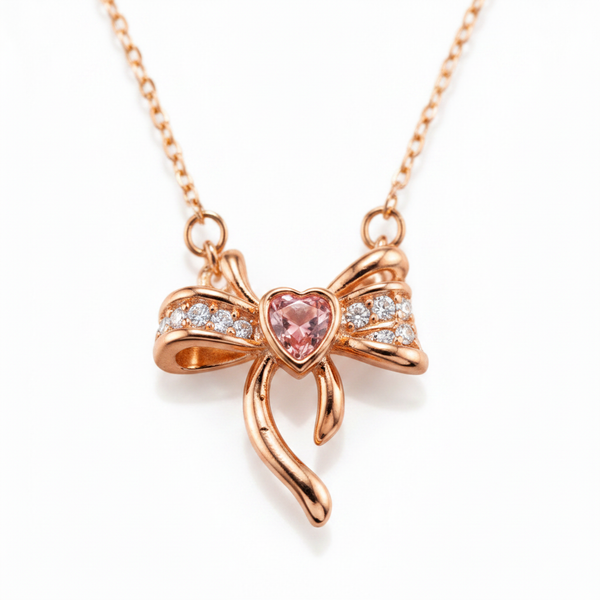Rose Gold Crystal Bow Necklace with Heart Charm