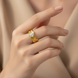 Elegant Leaf Texture Anti-Tarnish Ring with CZ Stone