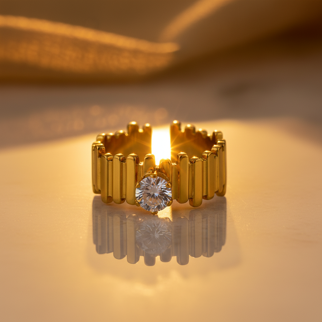 Elegant Structured Anti-Tarnish Gold Ring with CZ Stone