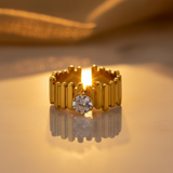 Elegant Structured Anti-Tarnish Gold Ring with CZ Stone