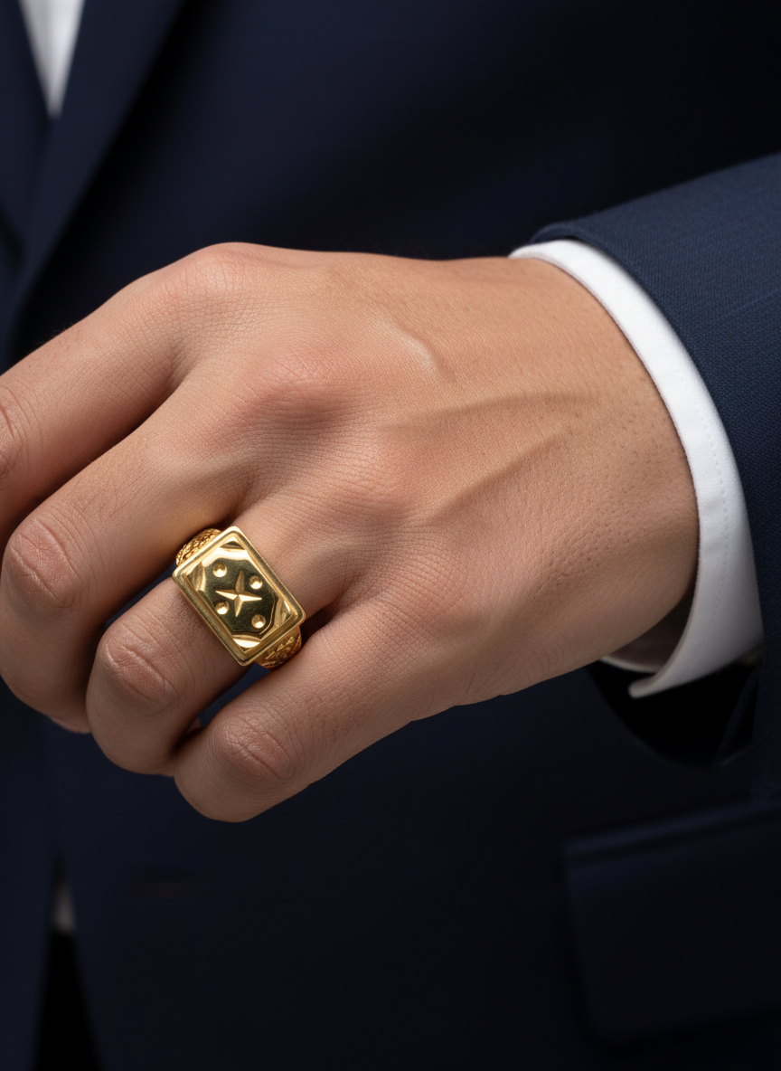 NXGOLD Luxury Men’s Ring with Star Engraved Rectangular Design