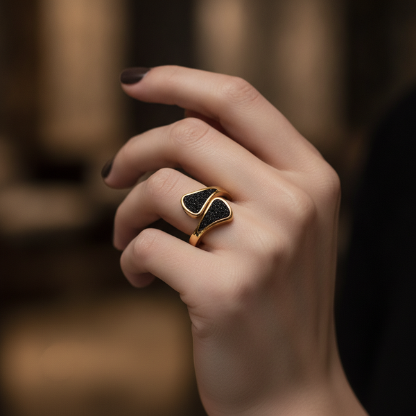 Black Glitter Open Adjustable Ring for Women