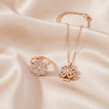 Elegant Rose Gold Floral CZ Pendant Necklace with Matching Designer Ring Set for Women