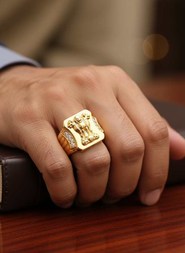 NXGOLD Royal Ashoka Lion Emblem Gold Signet Ring for Men
