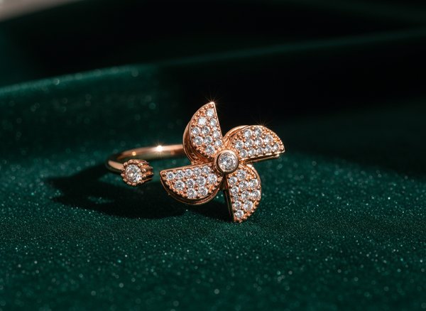 Rose Gold Floral CZ Adjustable Ring for Women