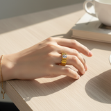Elegant Structured Anti-Tarnish Gold Ring with CZ Stone