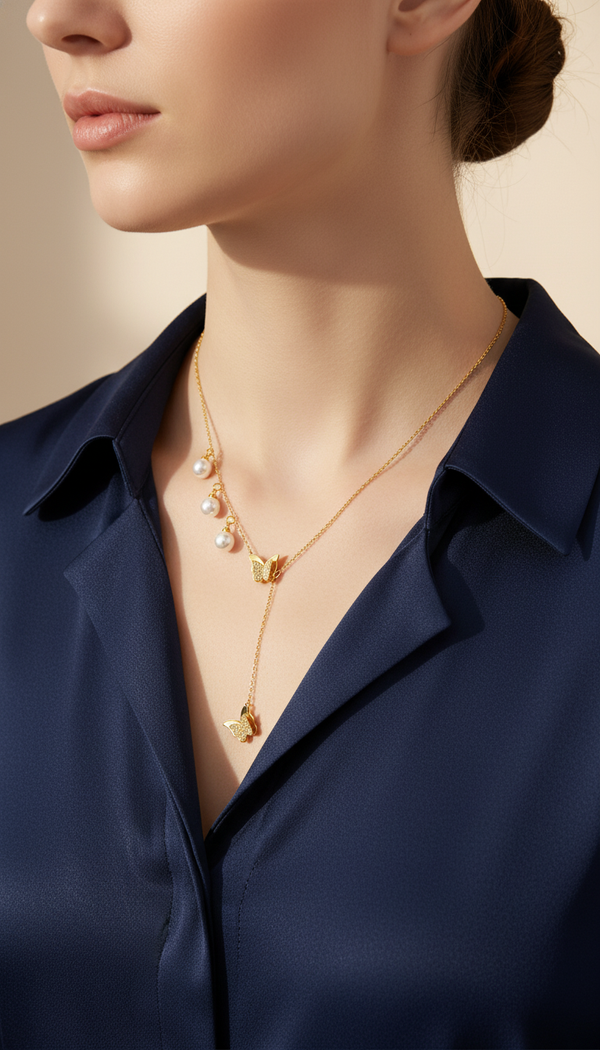 Golden Butterfly Pearl Drop Necklace for Women