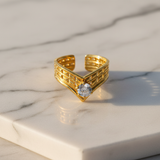 Elegant Structured Anti-Tarnish V-Shape Ring with CZ Stone