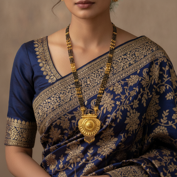 Bridal Traditional Mangalsutra with Black Beads and Round Heritage Pendant
