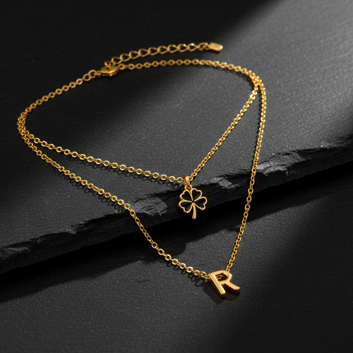 Elegant Double Chain Initial R & Clover Necklace for Women