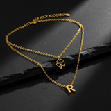 Elegant Double Chain Initial R & Clover Necklace for Women