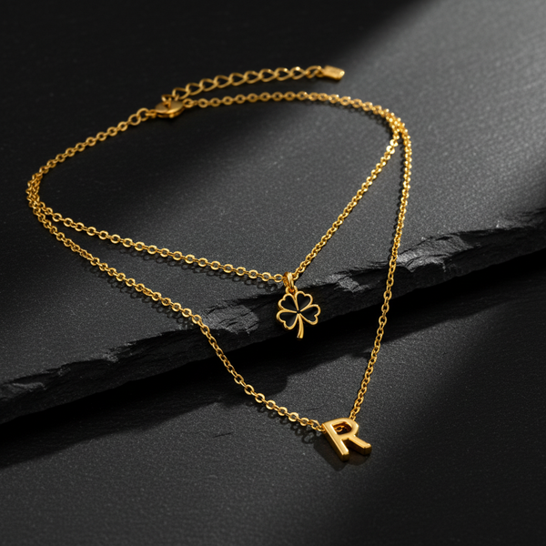 Elegant Double Chain Initial R & Clover Necklace for Women