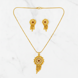 Traditional Ruby CZ Sunburst Pendant Necklace Set with Tassel Earrings for Women