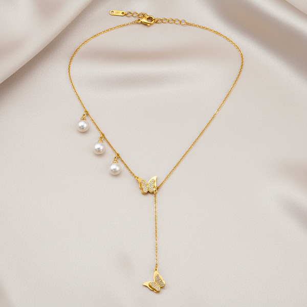 Golden Butterfly Pearl Drop Necklace for Women