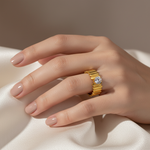 Elegant Structured Anti-Tarnish Gold Ring with CZ Stone