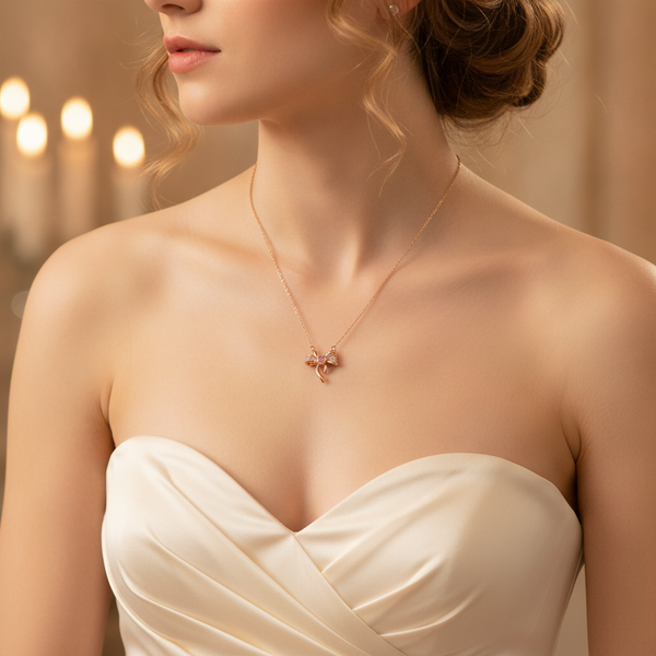 Rose Gold Crystal Bow Necklace with Heart Charm