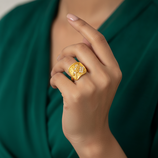 Classic Floral Leaf Stone Studded Ring for Women