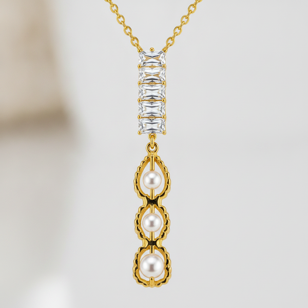 Elegant Crystal Bar & Pearl Drop Pendant Necklace