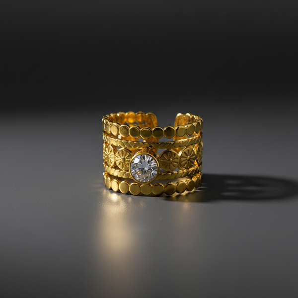Elegant Textured Anti-Tarnish Layered Ring with CZ Stone