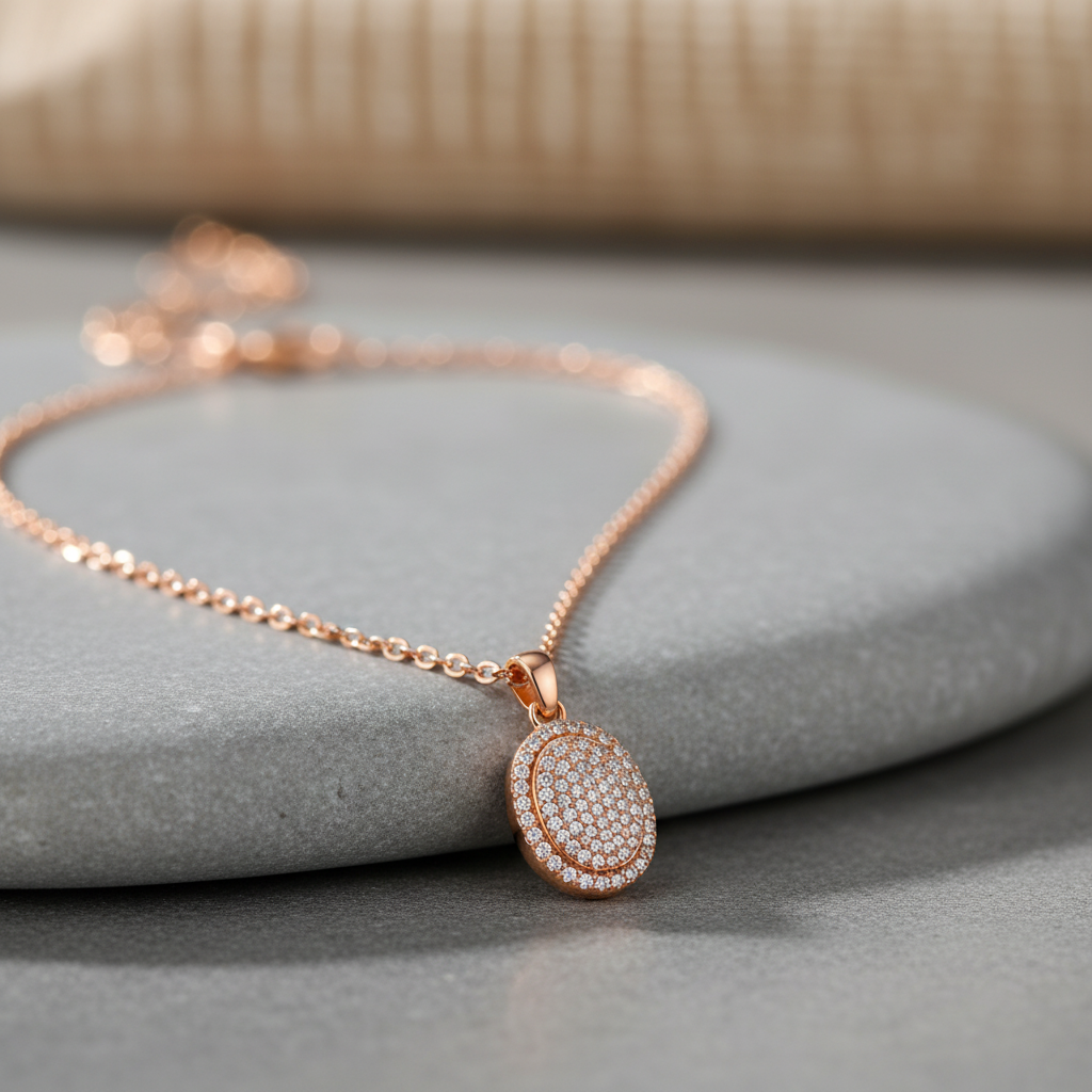Rose Gold Crystal Halo Oval Pendant Necklace for Women