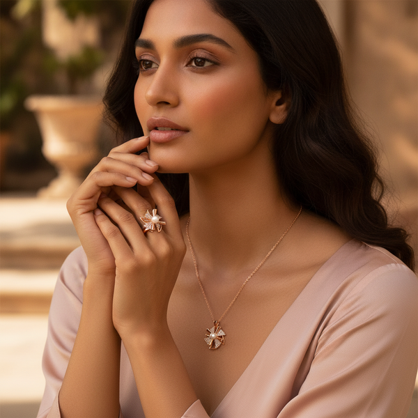 Elegant Rose Gold Pinwheel Pearl & CZ Pendant Necklace with Matching Ring Combo Set for Women