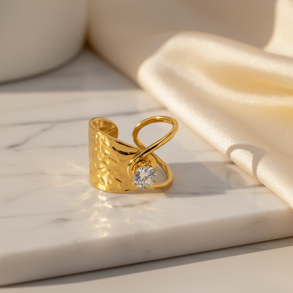 Elegant Anti-Tarnish Hammered Gold Ring with CZ Stone