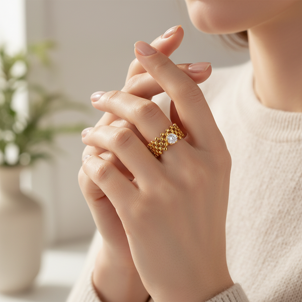 Chic Anti-Tarnish Lattice Pattern Ring with CZ Stone