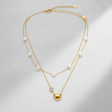 Golden Heart & Pearl Double Layer Necklace for Women