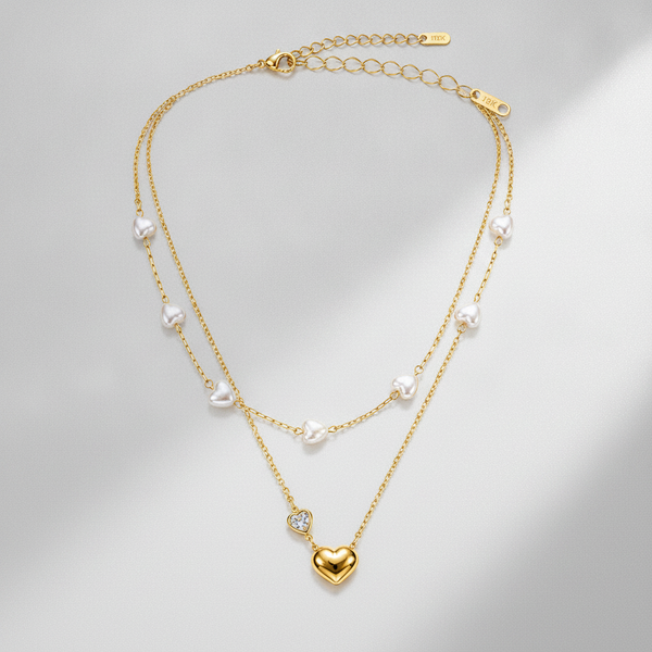 Golden Heart & Pearl Double Layer Necklace for Women