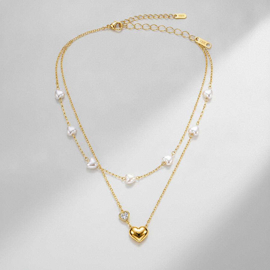 Golden Heart & Pearl Double Layer Necklace for Women