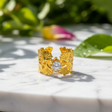 Elegant Anti-Tarnish Leaf Pattern Ring with CZ Stone