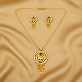 Royal Ruby CZ Circular Tassel Pendant Necklace Set with Matching Earrings for Women