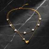 Golden Heart & Pearl Double Layer Necklace for Women