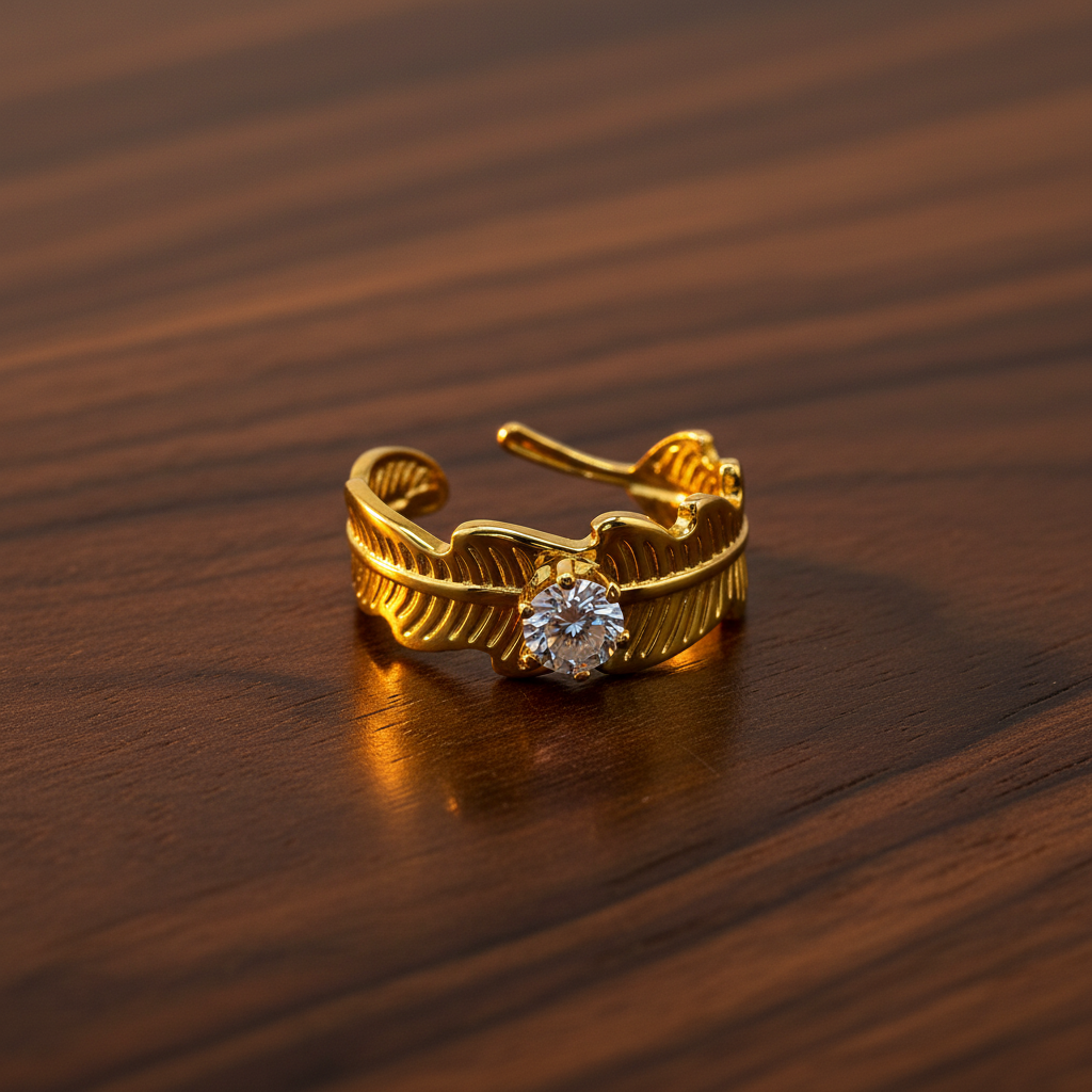Elegant Leaf Texture Anti-Tarnish Ring with CZ Stone