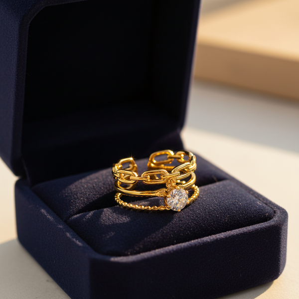 Elegant Anti-Tarnish Chain Link Ring with CZ Stone