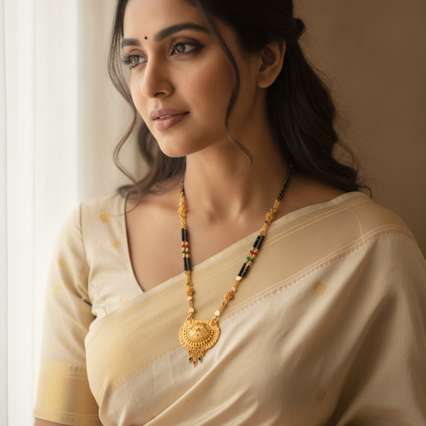NXGOLD Royal Heritage Black Bead Mangalsutra with Antique Peacock Pendant