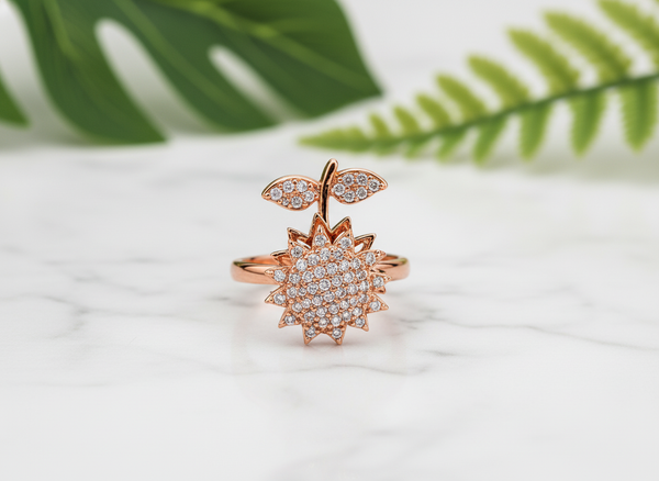 Rose Gold Sunflower Crystal Ring for Women
