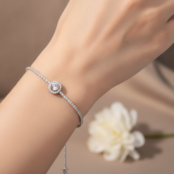Pink Halo CZ Tennis 925 Sterling Silver Bracelet for Women
