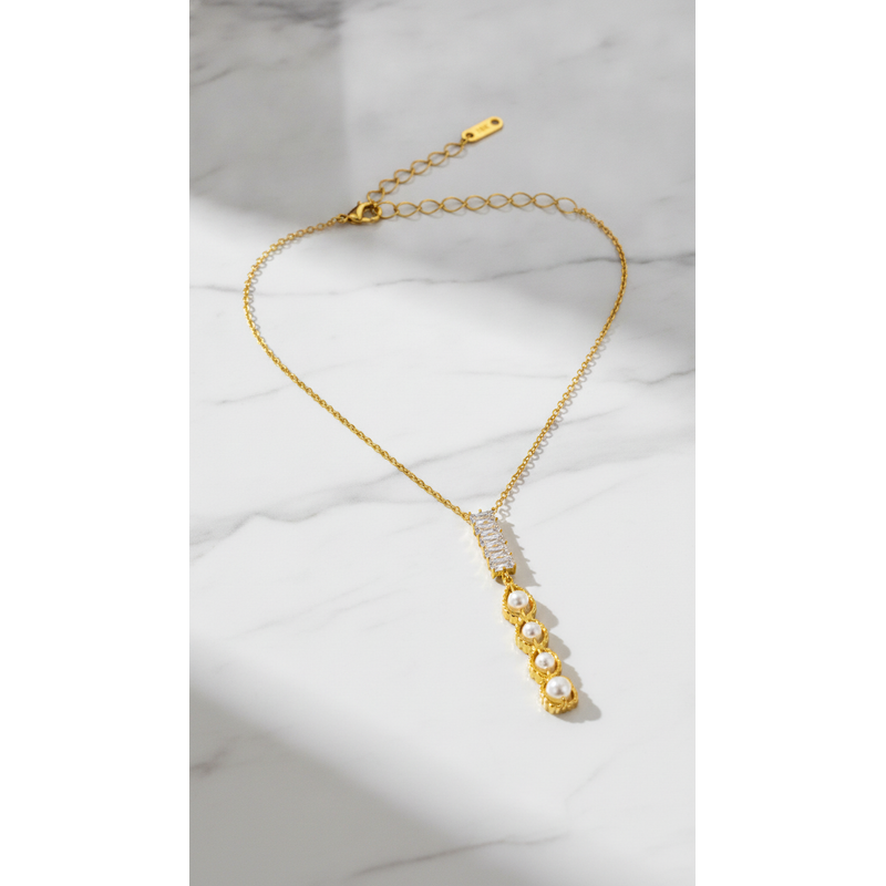Elegant Crystal Bar & Pearl Drop Pendant Necklace