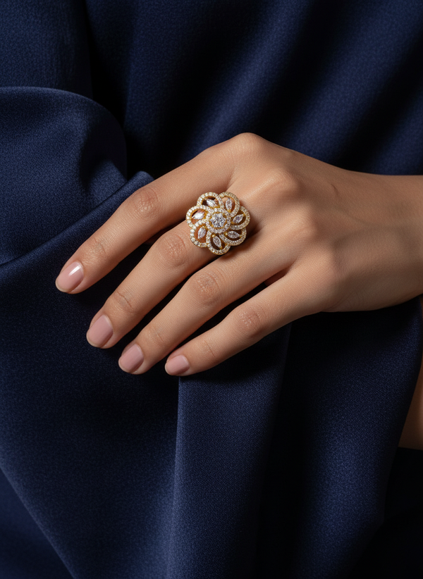 NXGOLD Luxury Floral Halo Diamond Statement Ring for Women
