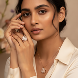 Elegant Rose Gold Floral CZ Pendant Necklace with Matching Designer Ring Set for Women
