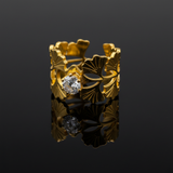 Elegant Anti-Tarnish Leaf Pattern Ring with CZ Stone