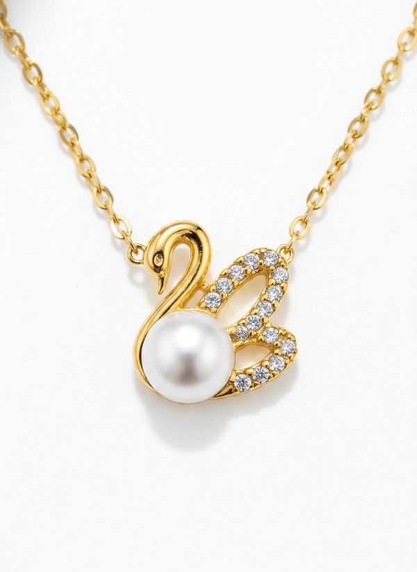 Graceful Swan Pearl Necklace with Sparkling CZ Stones